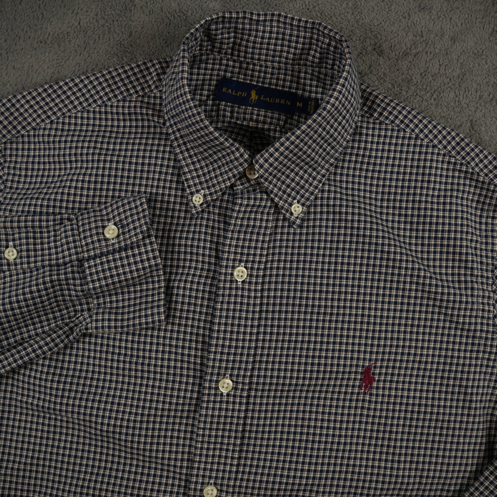 Ralph Lauren Button Down Shirt Mens Medium Navy Tan Check‎ Long Sleeve Cotton